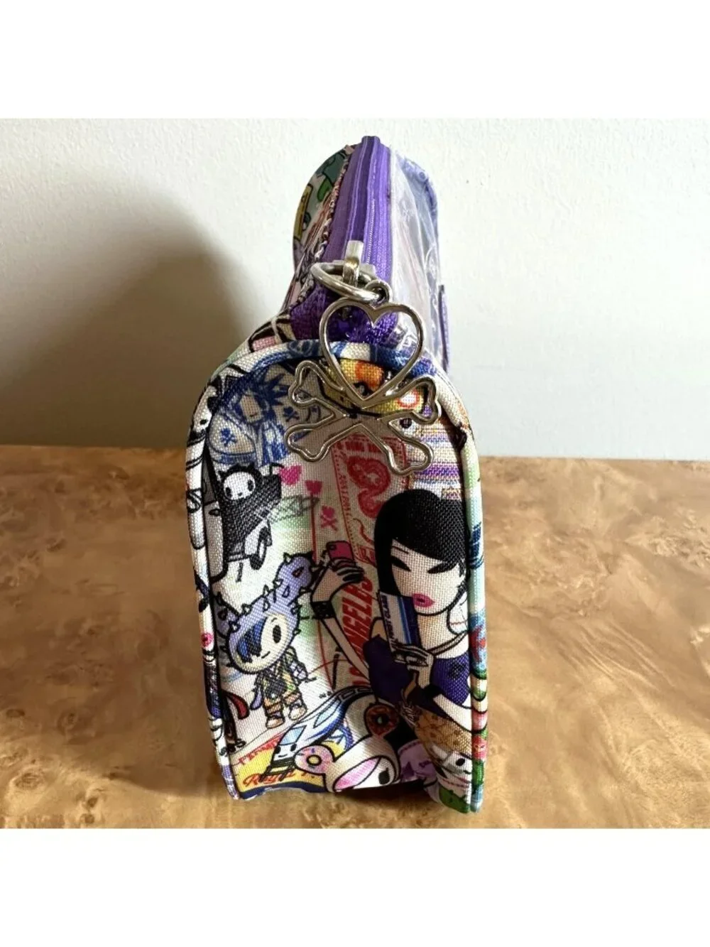 Tokidoki Trasporto Travel Print Purple PVC Cosmetic Makeup Bag Train Case Pouch